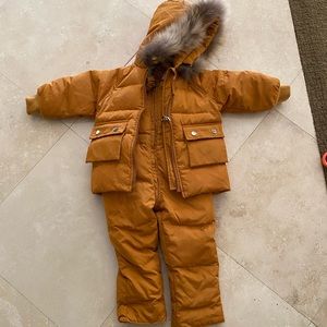 Toddler Snow Suit. 3T. Golden with removable fur hood.